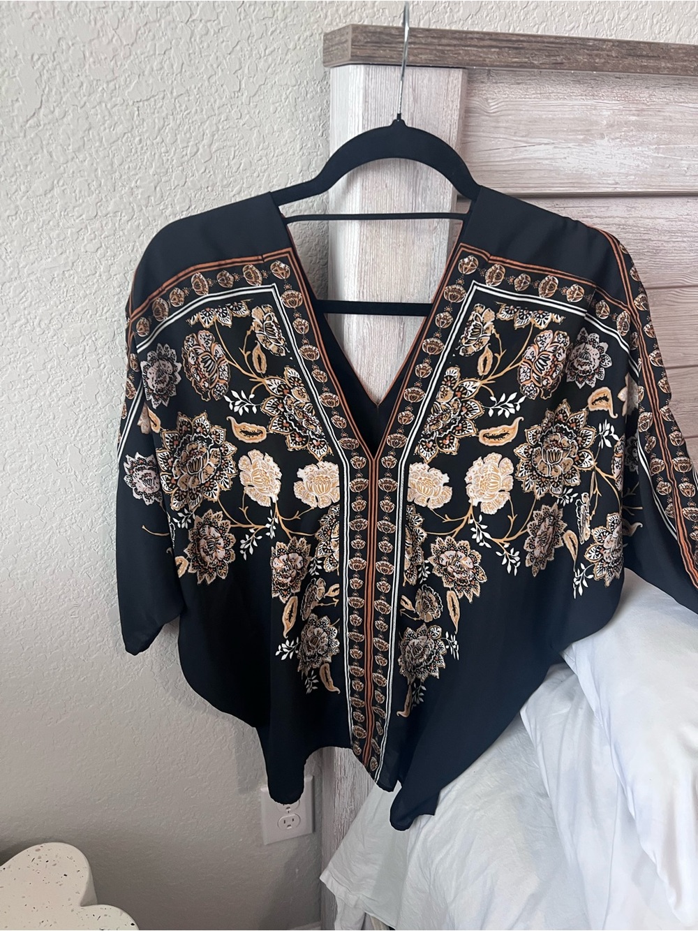 Rose & Olive Black Floral Embroidered V-Neck Blouse